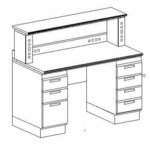 LAB BENCH, STURDILITE, WORKSURFACE, 4-DRAWER PED, 3-DRAWER PED, SHELF, POWERED RISERS AND BACKSPLASH